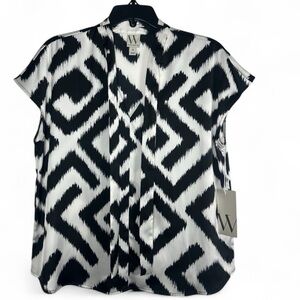 Worthington Women’s V-Neck Silky Black & White Short Sleeve Blouse, Size Medium